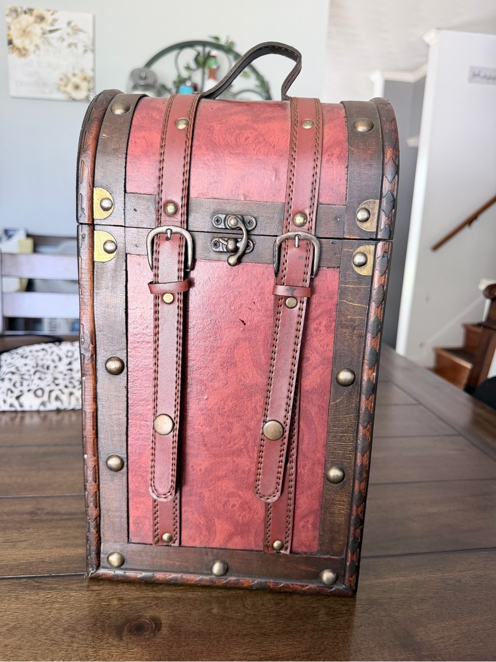 Wood Faux Leather Look 2 Bottle Wine Travel Case With Hook & Snap Straps